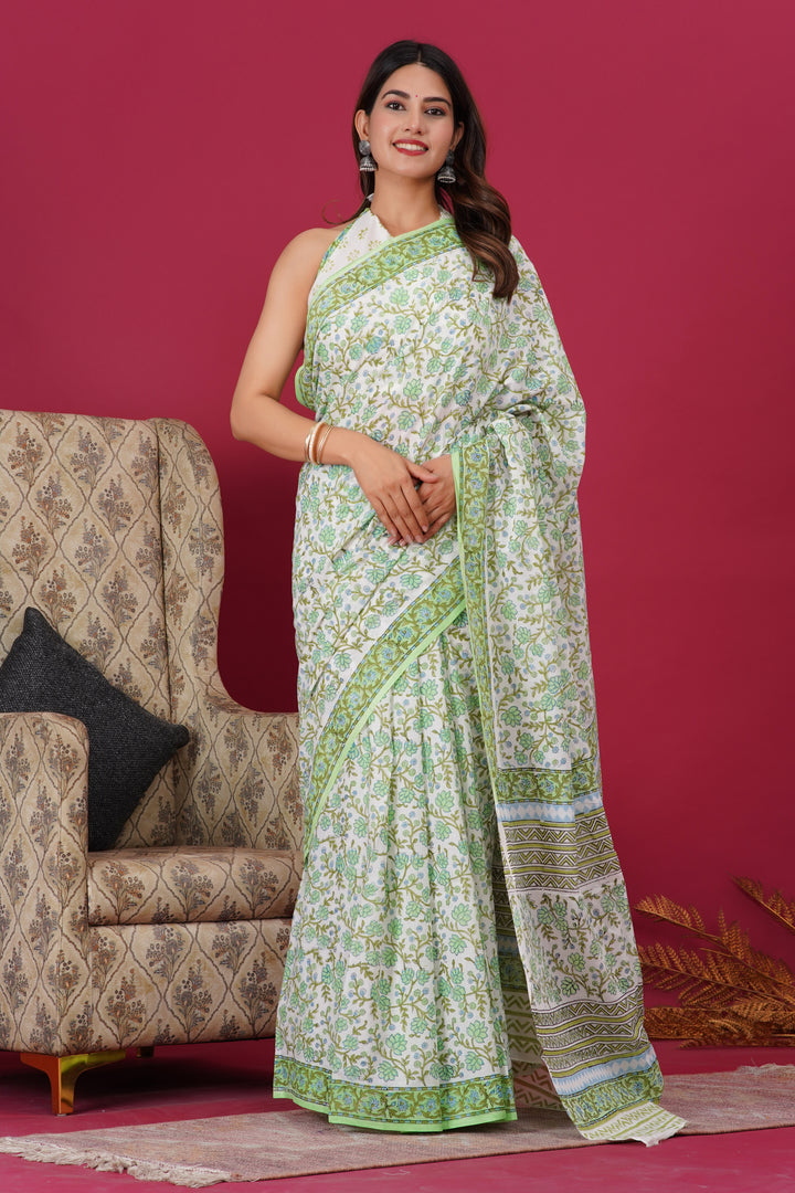 Mulmul Cotton Saree with Hand Block Print - Shivanya Handicrafts Women's Traditional Indian Wear