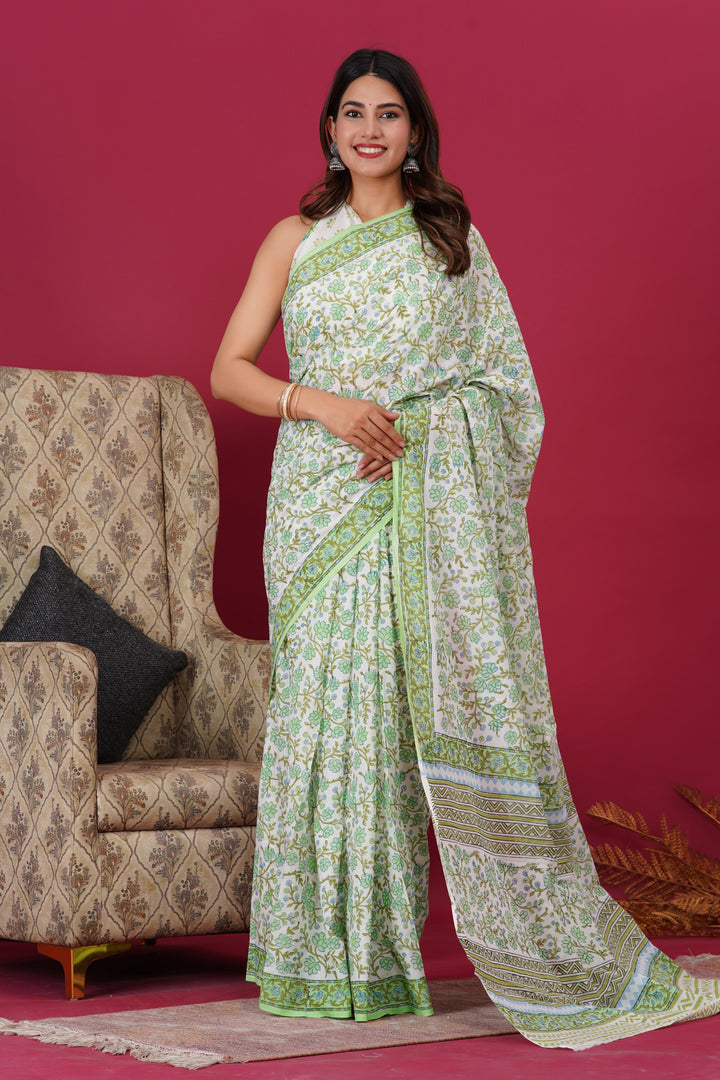 Mulmul Cotton Saree with Hand Block Print - Shivanya Handicrafts Women's Traditional Indian Wear