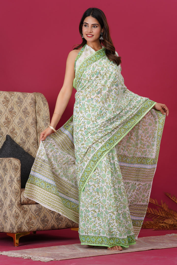 Mulmul Cotton Saree with Hand Block Print - Shivanya Handicrafts Women's Traditional Indian Wear