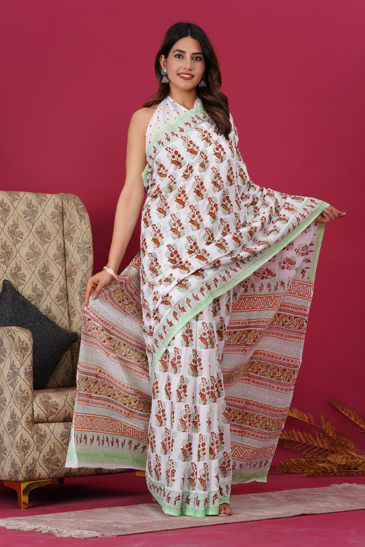 Mulmul Cotton Saree with Hand Block Print - Shivanya Handicrafts Women's Traditional Indian Wear