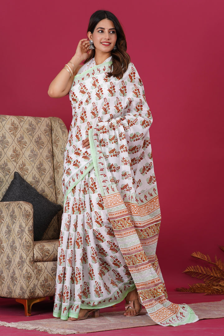 Mulmul Cotton Saree with Hand Block Print - Shivanya Handicrafts Women's Traditional Indian Wear