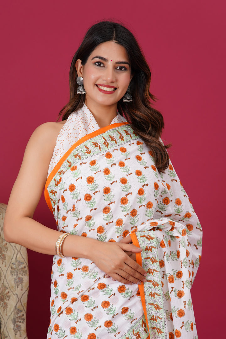 Mulmul Cotton Saree with Hand Block Print - Shivanya Handicrafts Women's Traditional Indian Wear