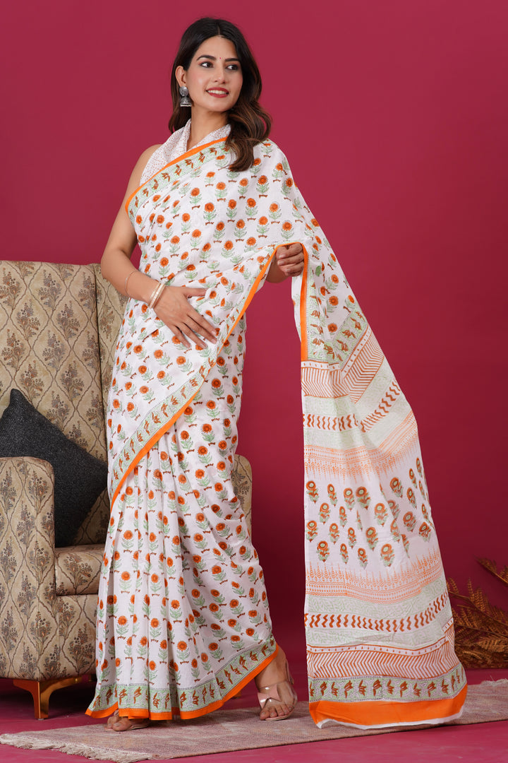 Mulmul Cotton Saree with Hand Block Print - Shivanya Handicrafts Women's Traditional Indian Wear