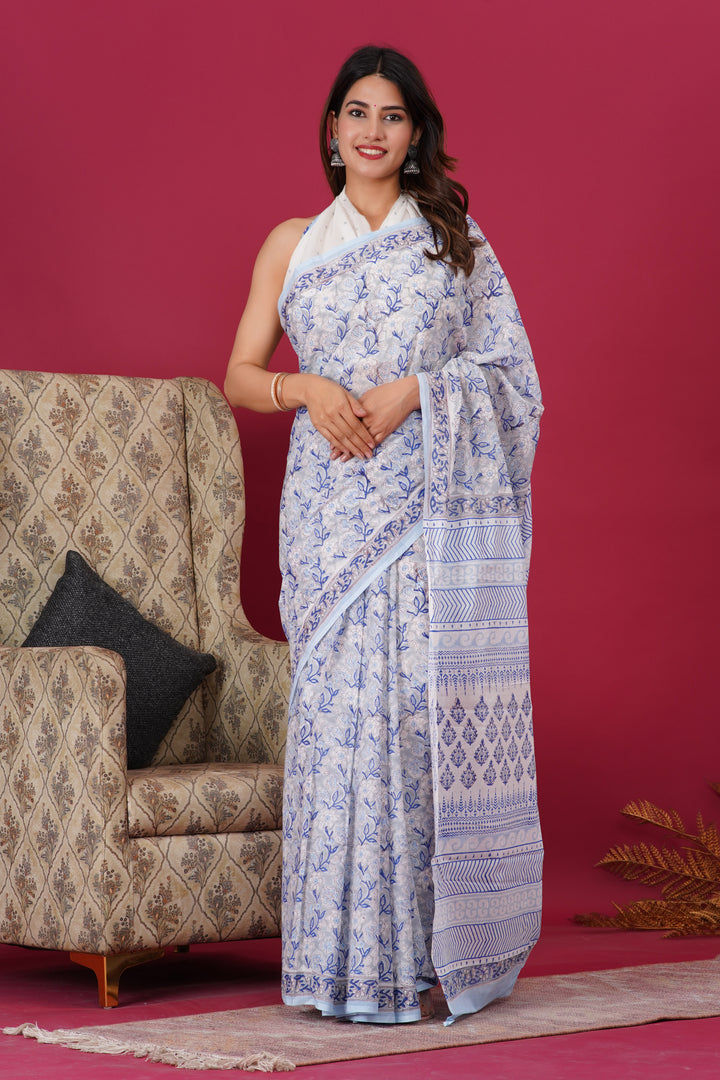 Mulmul Cotton Saree with Hand Block Print - Shivanya Handicrafts Women's Traditional Indian Wear