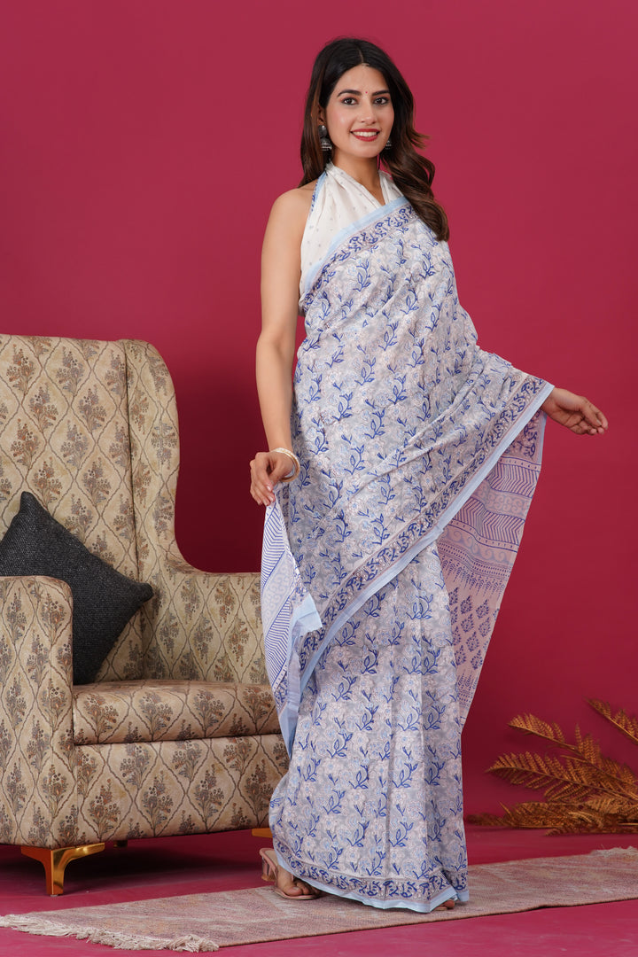 Mulmul Cotton Saree with Hand Block Print - Shivanya Handicrafts Women's Traditional Indian Wear