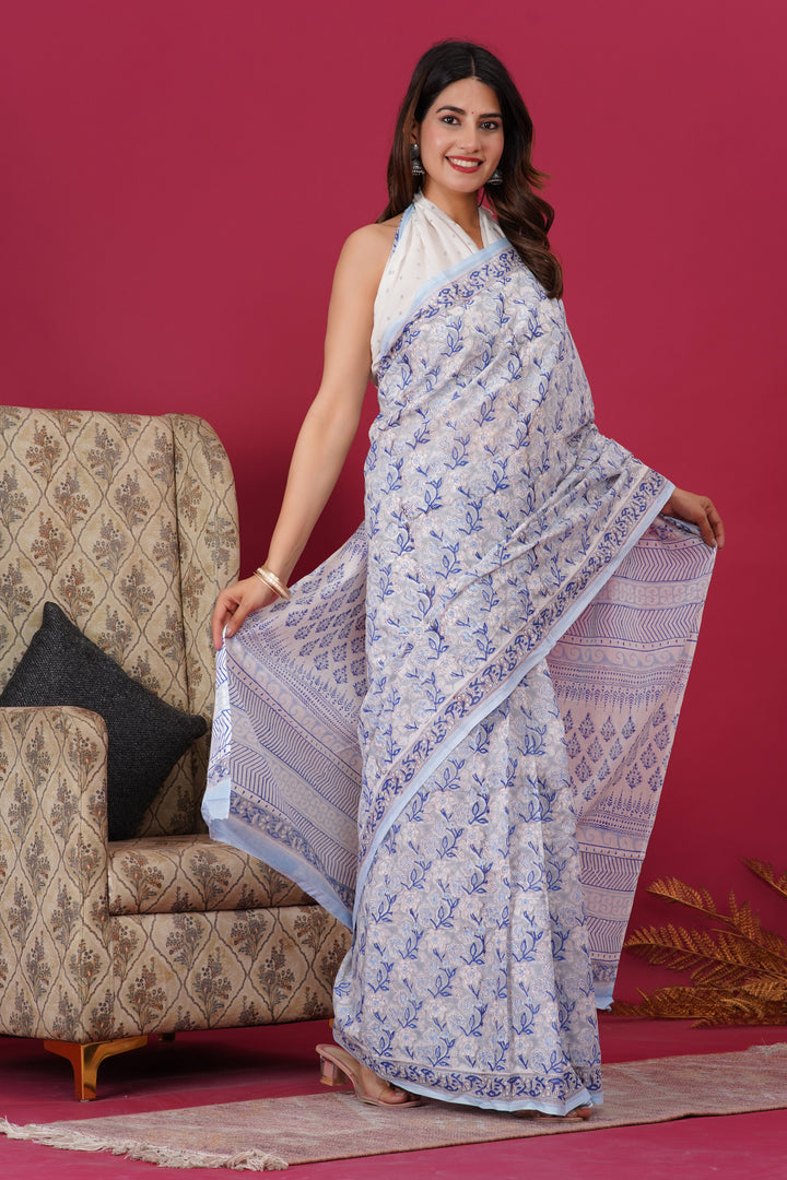 Mulmul Cotton Saree with Hand Block Print - Shivanya Handicrafts Women's Traditional Indian Wear