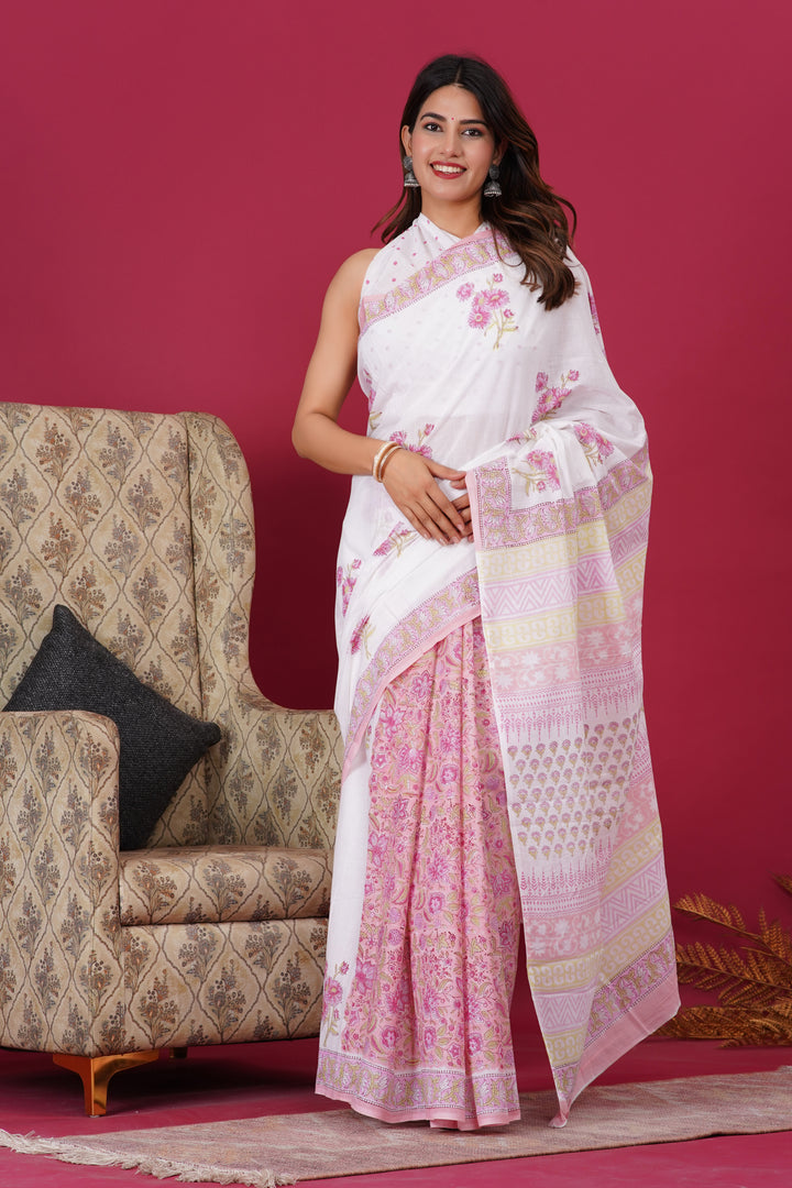 Mulmul Cotton Saree with Hand Block Print - Shivanya Handicrafts Women's Traditional Indian Wear