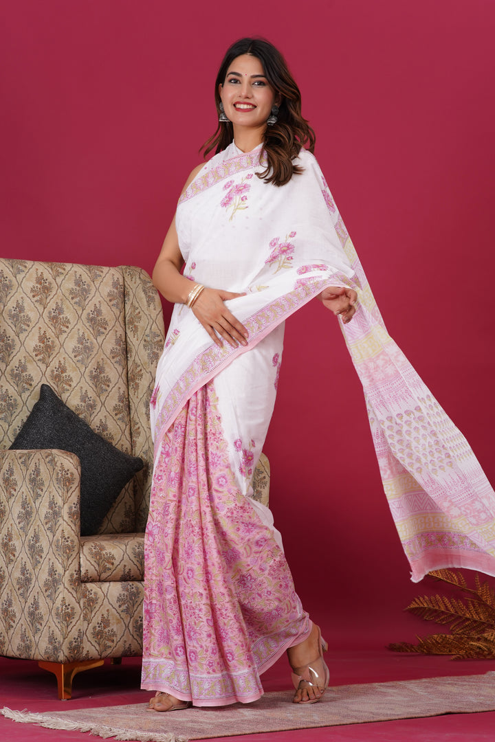 Mulmul Cotton Saree with Hand Block Print - Shivanya Handicrafts Women's Traditional Indian Wear