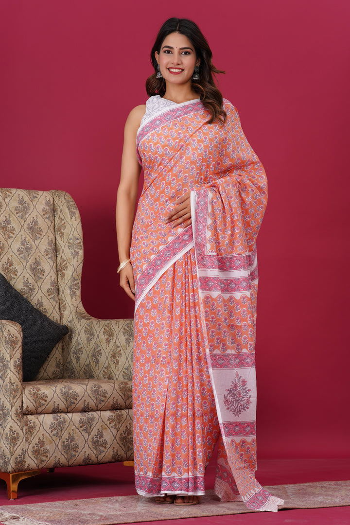 Mulmul Cotton Saree with Hand Block Print - Shivanya Handicrafts Women's Traditional Indian Wear