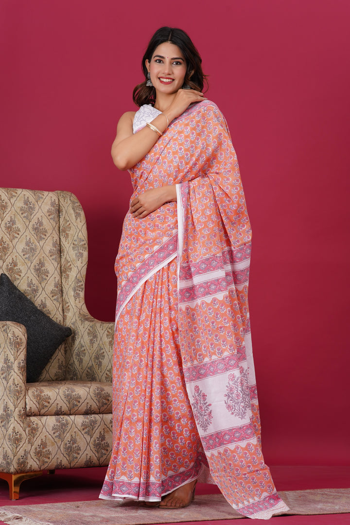 Mulmul Cotton Saree with Hand Block Print - Shivanya Handicrafts Women's Traditional Indian Wear