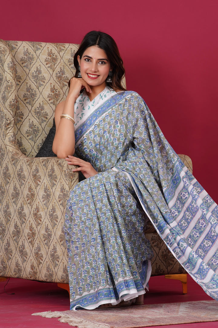 Mulmul Cotton Saree with Hand Block Print - Shivanya Handicrafts Women's Traditional Indian Wear