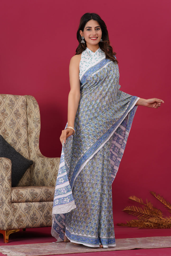 Mulmul Cotton Saree with Hand Block Print - Shivanya Handicrafts Women's Traditional Indian Wear