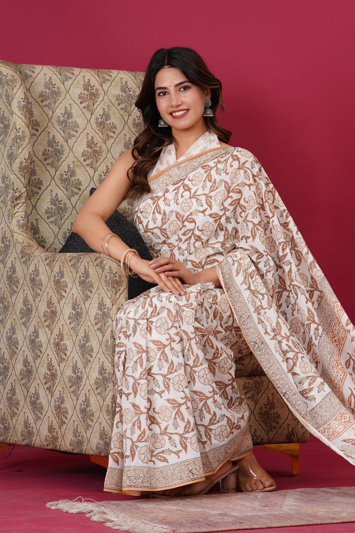 Mulmul Cotton Saree with Hand Block Print - Shivanya Handicrafts Women's Traditional Indian Wear