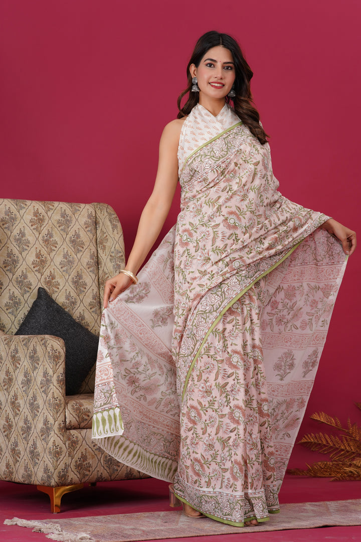 Mulmul Cotton Saree with Hand Block Print - Shivanya Handicrafts Women's Traditional Indian Wear