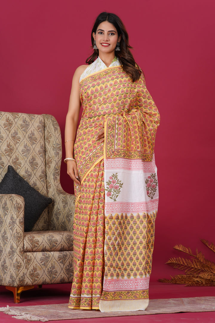 Mulmul Cotton Saree with Hand Block Print - Shivanya Handicrafts Women's Traditional Indian Wear