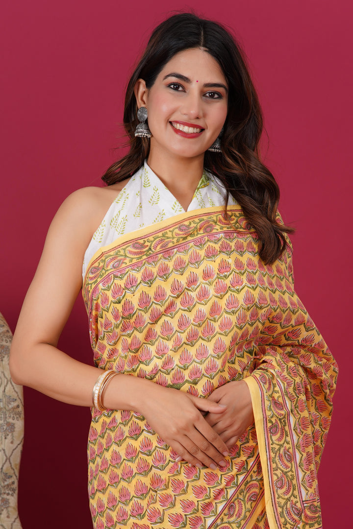 Mulmul Cotton Saree with Hand Block Print - Shivanya Handicrafts Women's Traditional Indian Wear