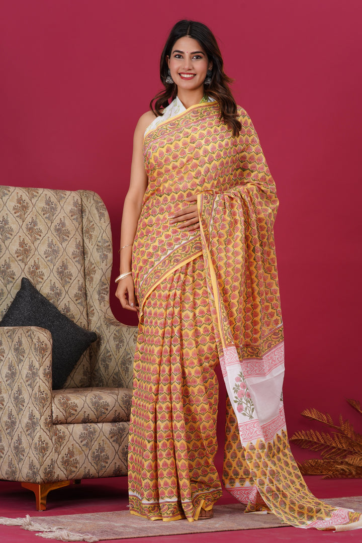 Mulmul Cotton Saree with Hand Block Print - Shivanya Handicrafts Women's Traditional Indian Wear