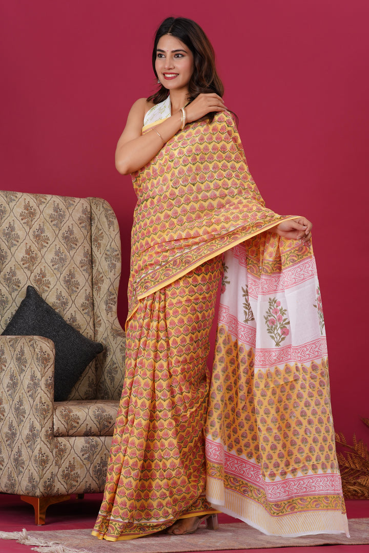 Mulmul Cotton Saree with Hand Block Print - Shivanya Handicrafts Women's Traditional Indian Wear