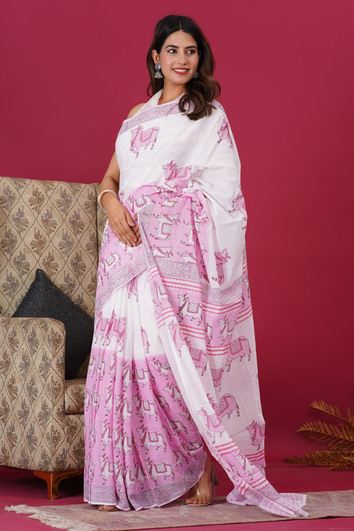 Mulmul Cotton Saree with Hand Block Print - Shivanya Handicrafts Women's Traditional Indian Wear