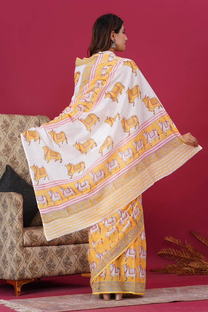 Mulmul Cotton Saree with Hand Block Print - Shivanya Handicrafts Women's Traditional Indian Wear