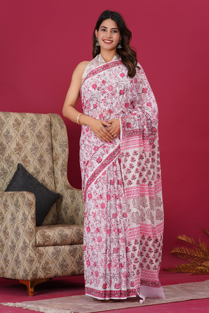 Mulmul Cotton Saree with Hand Block Print - Shivanya Handicrafts Women's Traditional Indian Wear