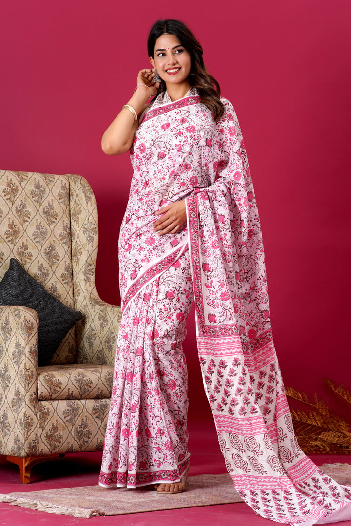 Mulmul Cotton Saree with Hand Block Print - Shivanya Handicrafts Women's Traditional Indian Wear