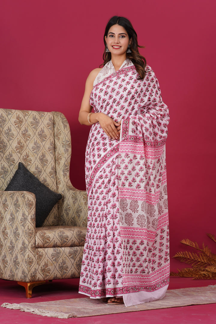 Mulmul Cotton Saree with Hand Block Print - Shivanya Handicrafts Women's Traditional Indian Wear