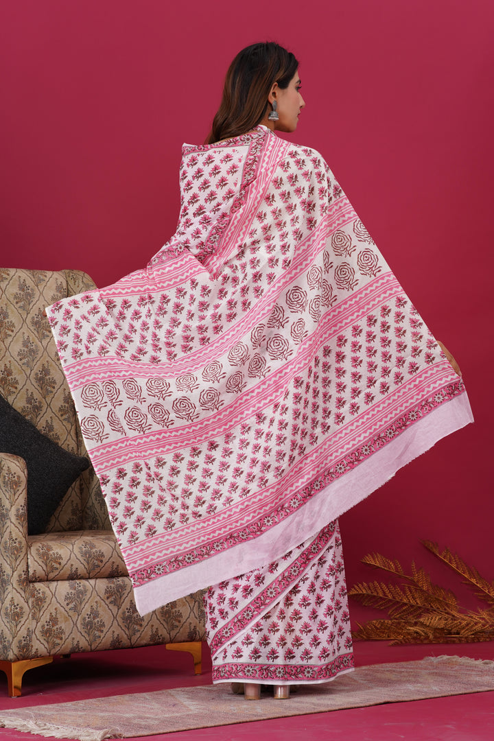 Mulmul Cotton Saree with Hand Block Print - Shivanya Handicrafts Women's Traditional Indian Wear