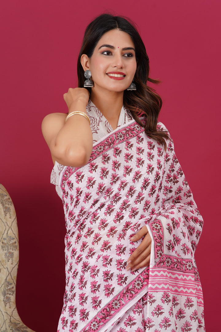 Mulmul Cotton Saree with Hand Block Print - Shivanya Handicrafts Women's Traditional Indian Wear