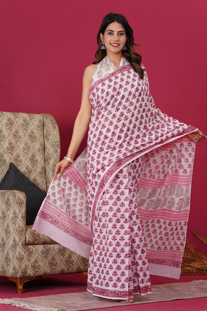 Mulmul Cotton Saree with Hand Block Print - Shivanya Handicrafts Women's Traditional Indian Wear