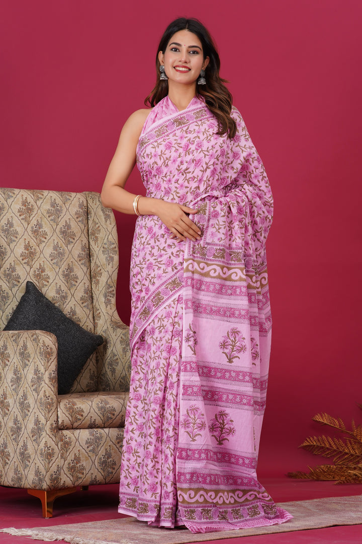 Mulmul Cotton Saree with Hand Block Print - Shivanya Handicrafts Women's Traditional Indian Wear