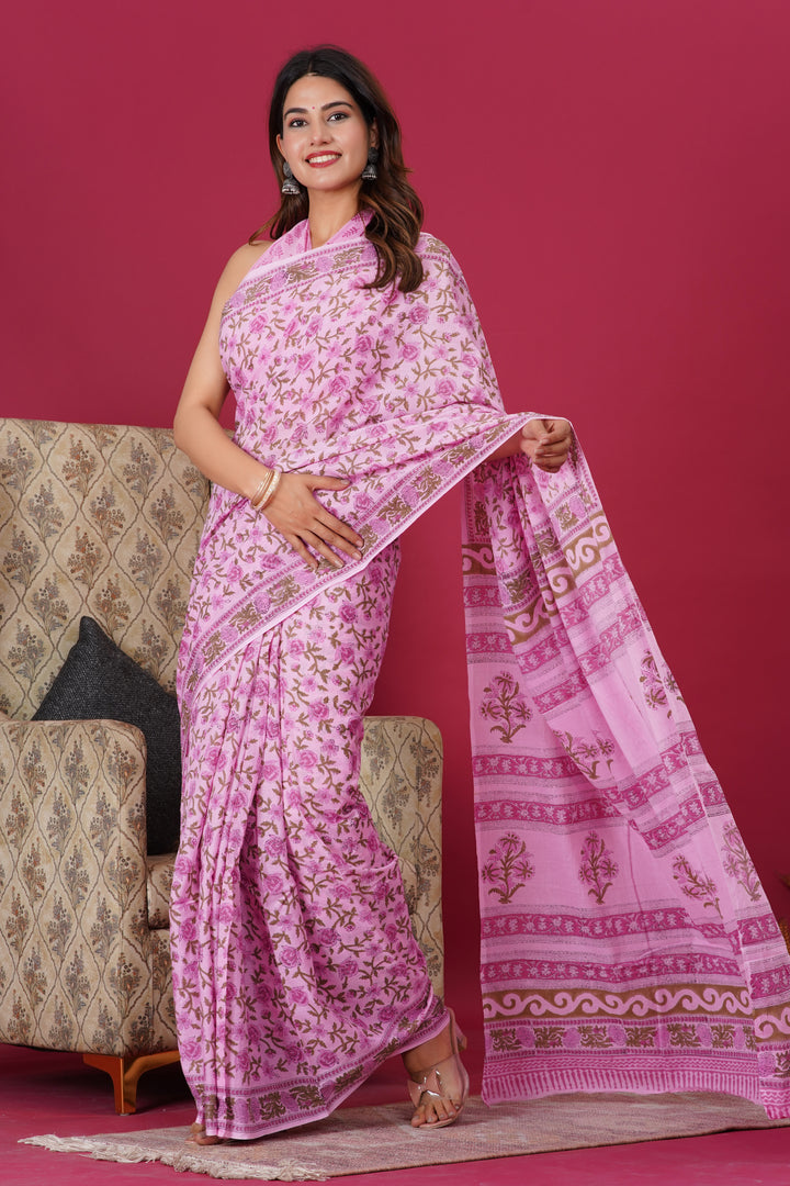 Mulmul Cotton Saree with Hand Block Print - Shivanya Handicrafts Women's Traditional Indian Wear