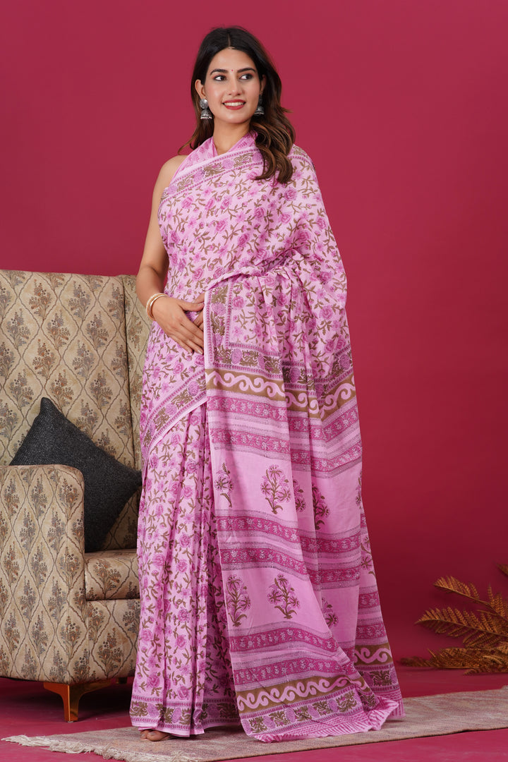 Mulmul Cotton Saree with Hand Block Print - Shivanya Handicrafts Women's Traditional Indian Wear