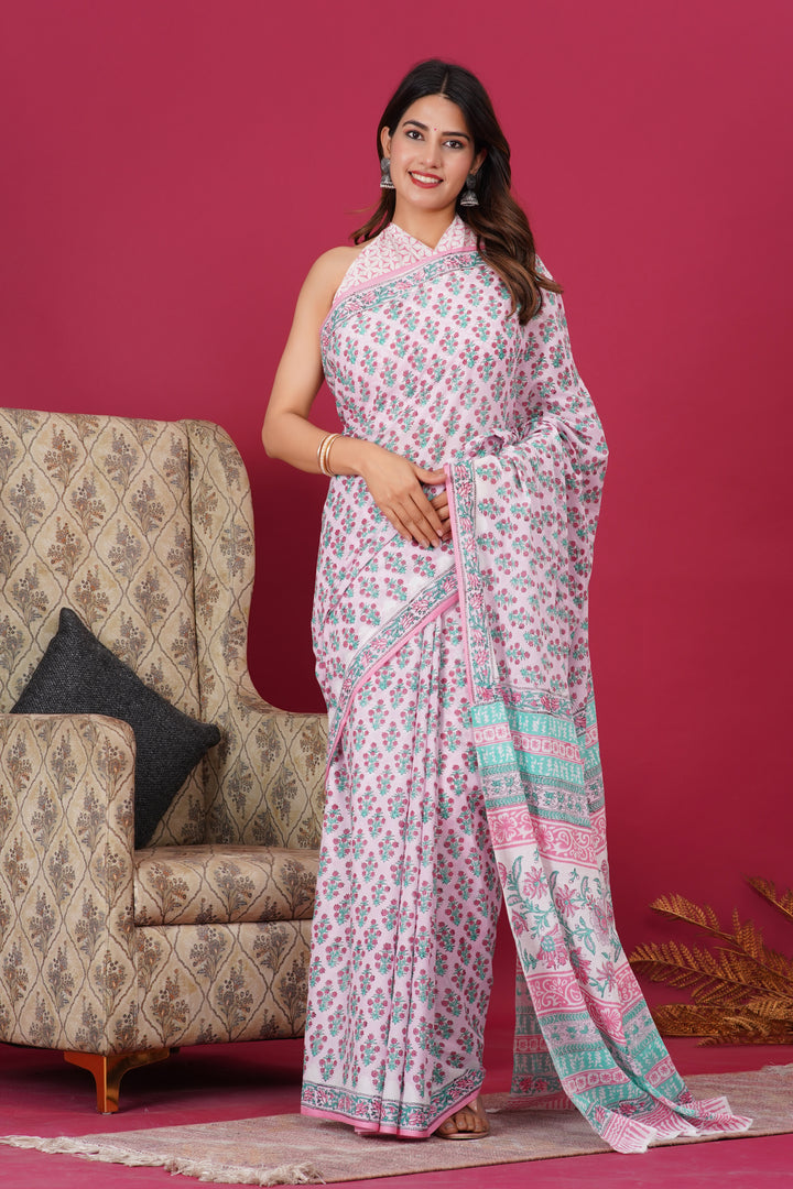 Mulmul Cotton Saree with Hand Block Print - Shivanya Handicrafts Women's Traditional Indian Wear