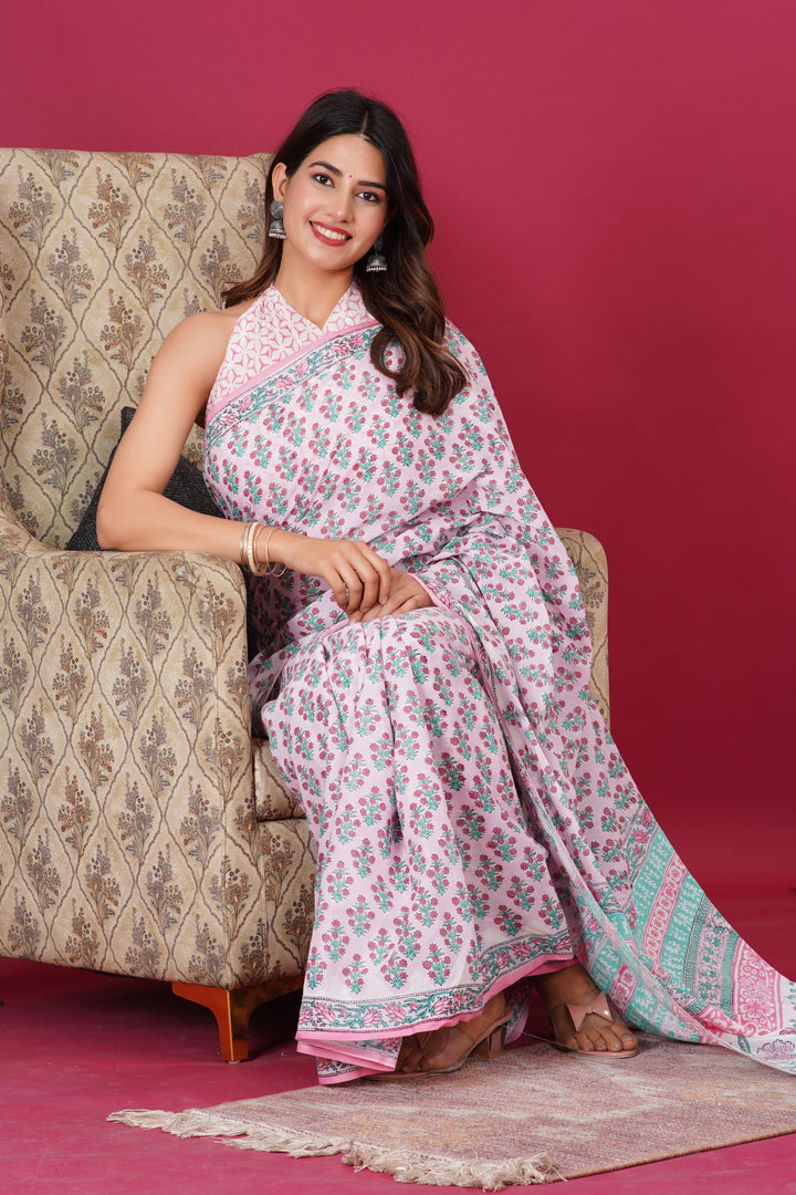 Mulmul Cotton Saree with Hand Block Print - Shivanya Handicrafts Women's Traditional Indian Wear