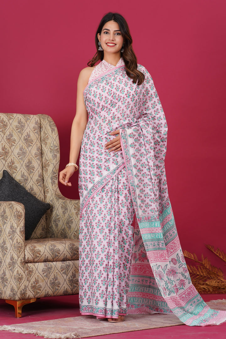 Mulmul Cotton Saree with Hand Block Print - Shivanya Handicrafts Women's Traditional Indian Wear