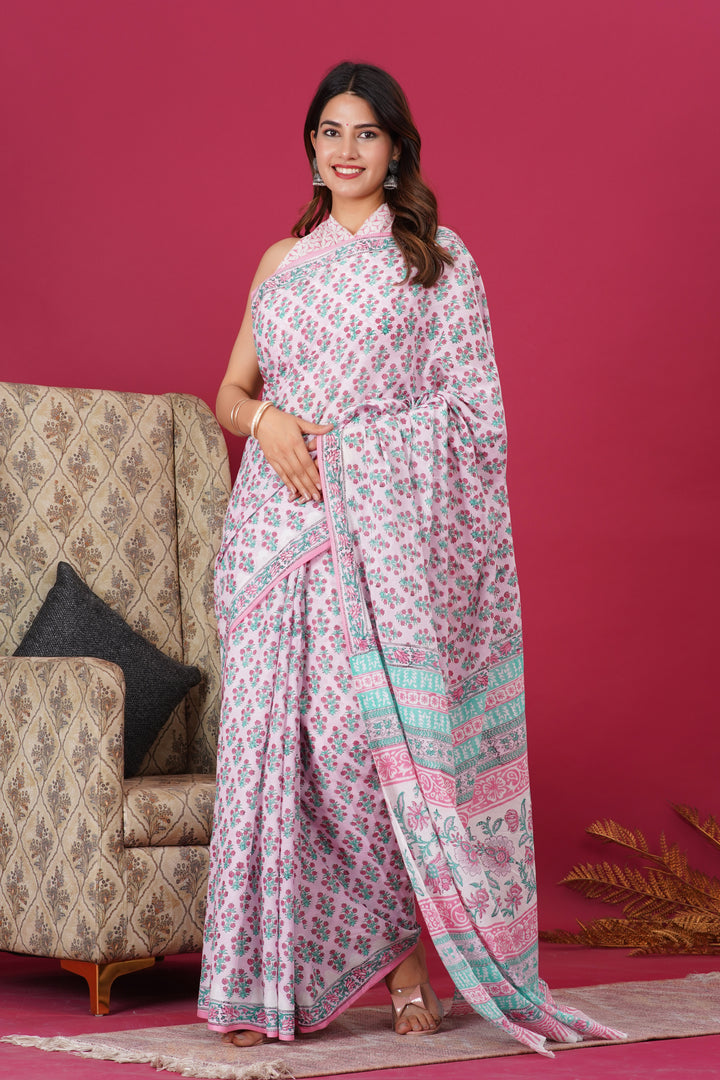 Mulmul Cotton Saree with Hand Block Print - Shivanya Handicrafts Women's Traditional Indian Wear