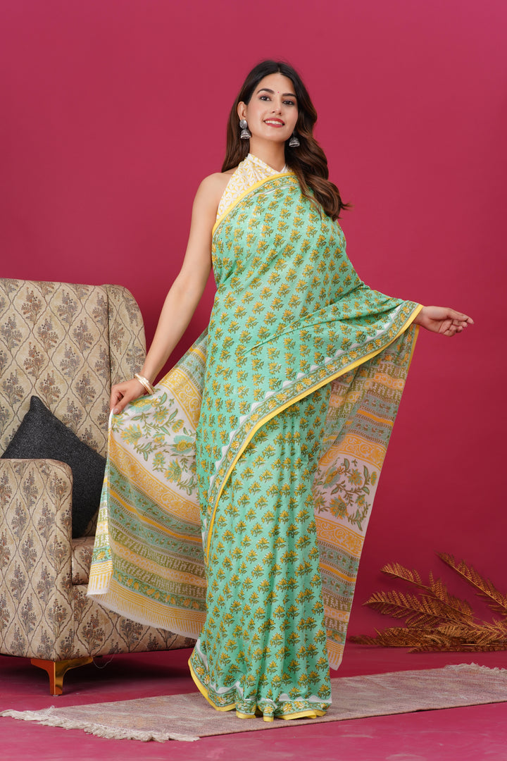 Mulmul Cotton Saree with Hand Block Print - Shivanya Handicrafts Women's Traditional Indian Wear