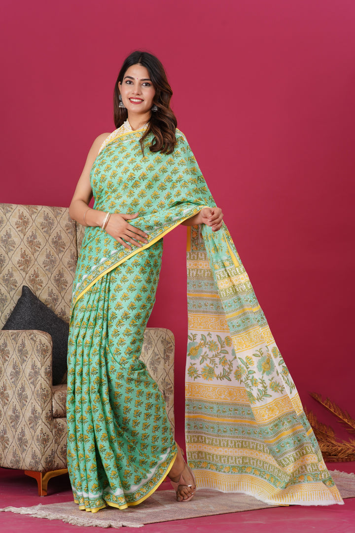 Mulmul Cotton Saree with Hand Block Print - Shivanya Handicrafts Women's Traditional Indian Wear