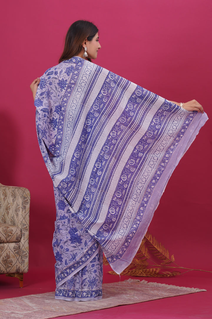 Mulmul Cotton Saree with Hand Block Print - Shivanya Handicrafts Women's Traditional Indian Wear