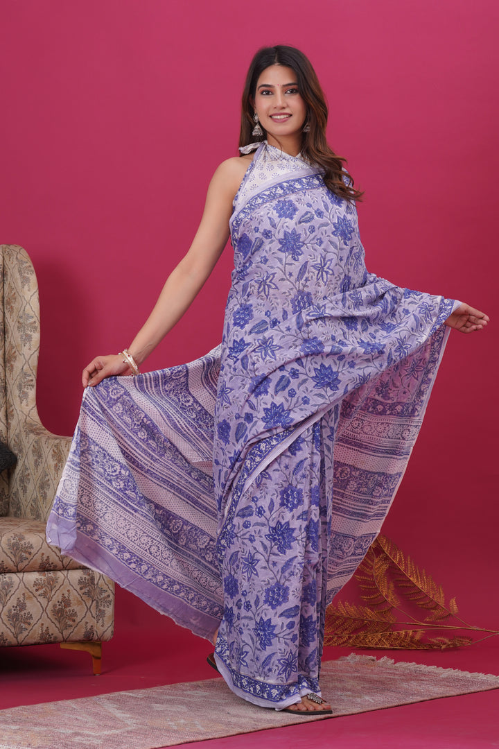 Mulmul Cotton Saree with Hand Block Print - Shivanya Handicrafts Women's Traditional Indian Wear