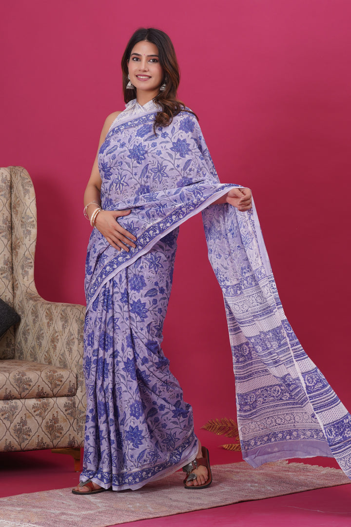 Mulmul Cotton Saree with Hand Block Print - Shivanya Handicrafts Women's Traditional Indian Wear