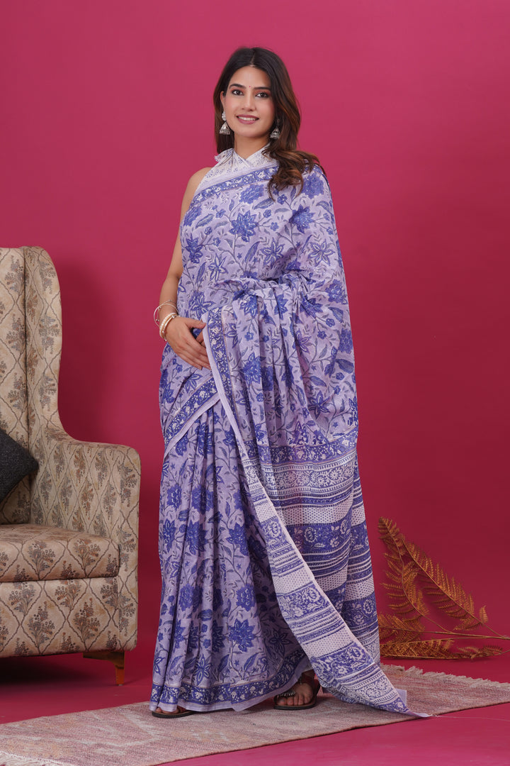 Mulmul Cotton Saree with Hand Block Print - Shivanya Handicrafts Women's Traditional Indian Wear