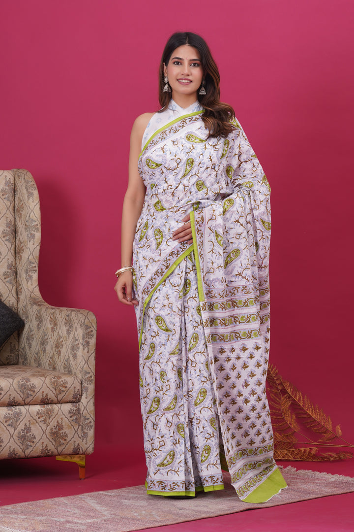 Mulmul Cotton Saree with Hand Block Print - Shivanya Handicrafts Women's Traditional Indian Wear