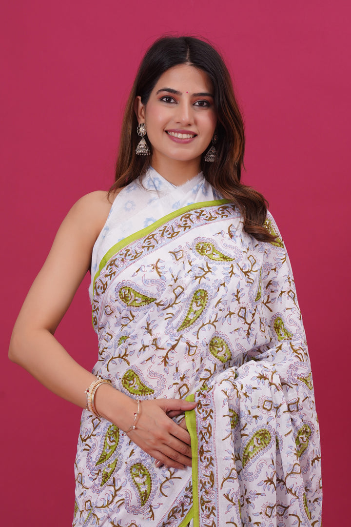 Mulmul Cotton Saree with Hand Block Print - Shivanya Handicrafts Women's Traditional Indian Wear