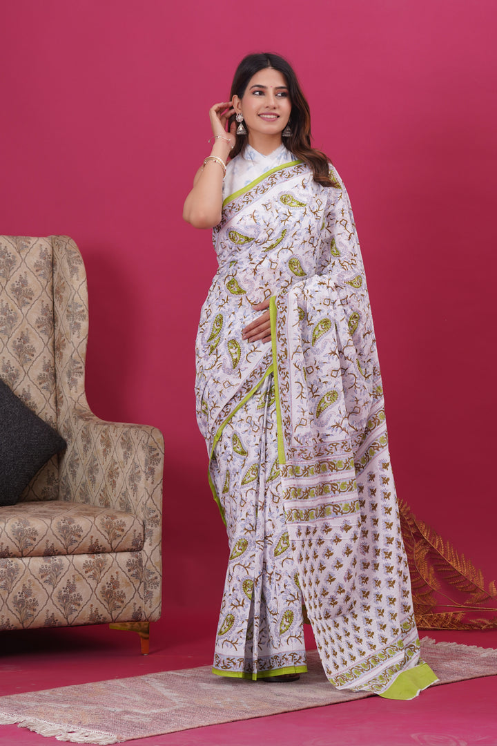 Mulmul Cotton Saree with Hand Block Print - Shivanya Handicrafts Women's Traditional Indian Wear