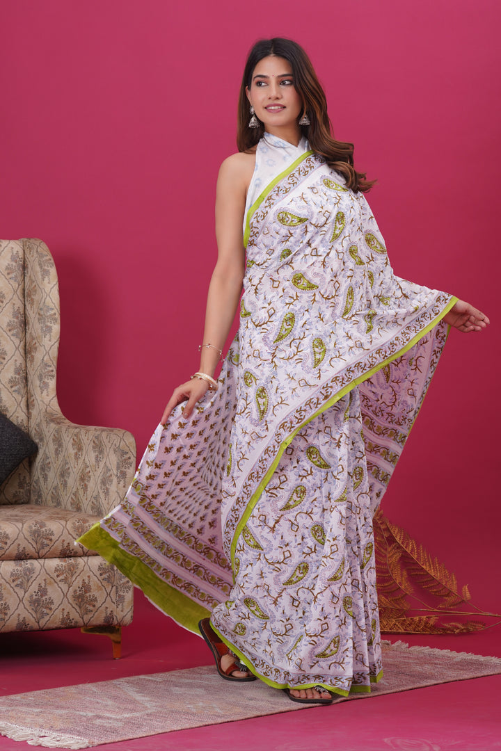 Mulmul Cotton Saree with Hand Block Print - Shivanya Handicrafts Women's Traditional Indian Wear