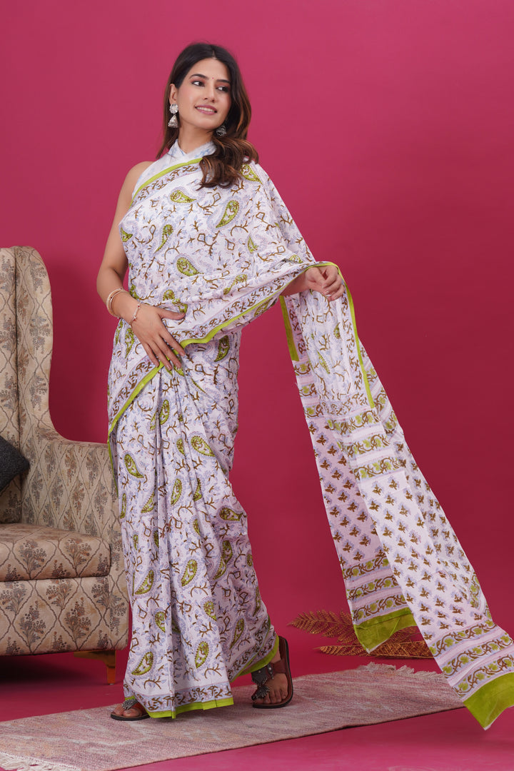 Mulmul Cotton Saree with Hand Block Print - Shivanya Handicrafts Women's Traditional Indian Wear