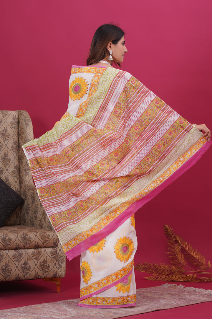 Mulmul Cotton Saree with Hand Block Print - Shivanya Handicrafts Women's Traditional Indian Wear