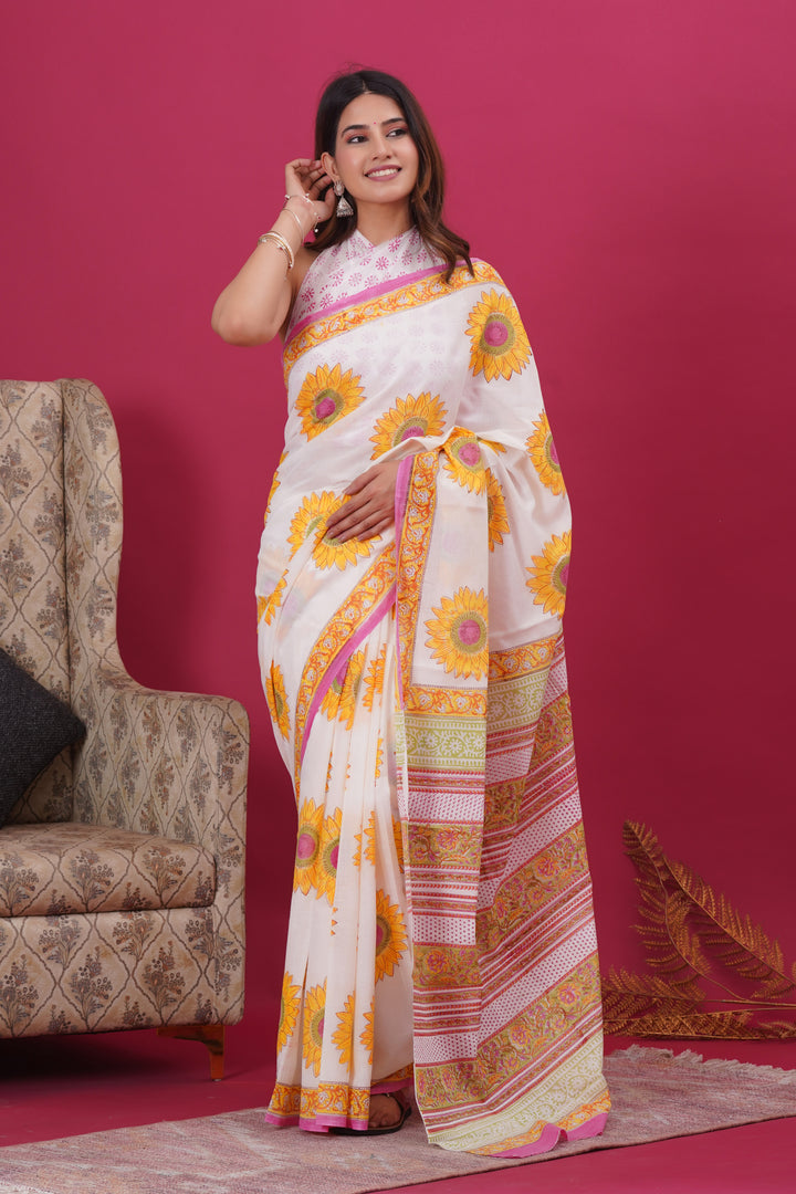 Mulmul Cotton Saree with Hand Block Print - Shivanya Handicrafts Women's Traditional Indian Wear